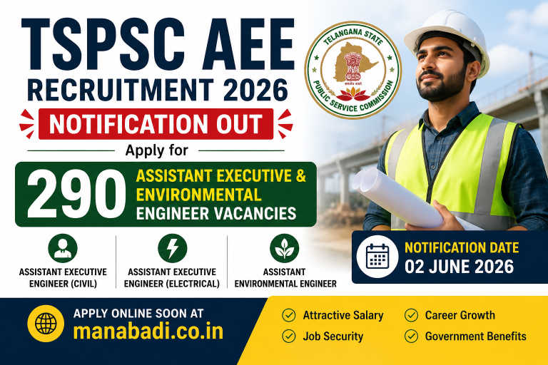 TSPSC AEE Recruitment 2026 Notification OUT, Apply for 290 Assistant Executive & Environmental Engineer Vacancies at manabadi.co.in